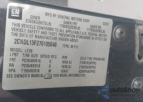 2007 Chevrolet Equinox Ls из США, поврежденный, VIN 2CNDL13F276105649